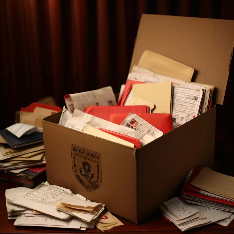 A messy box of documents.