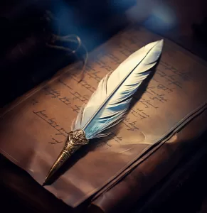 A feather quill on a handwritten manuscript page.