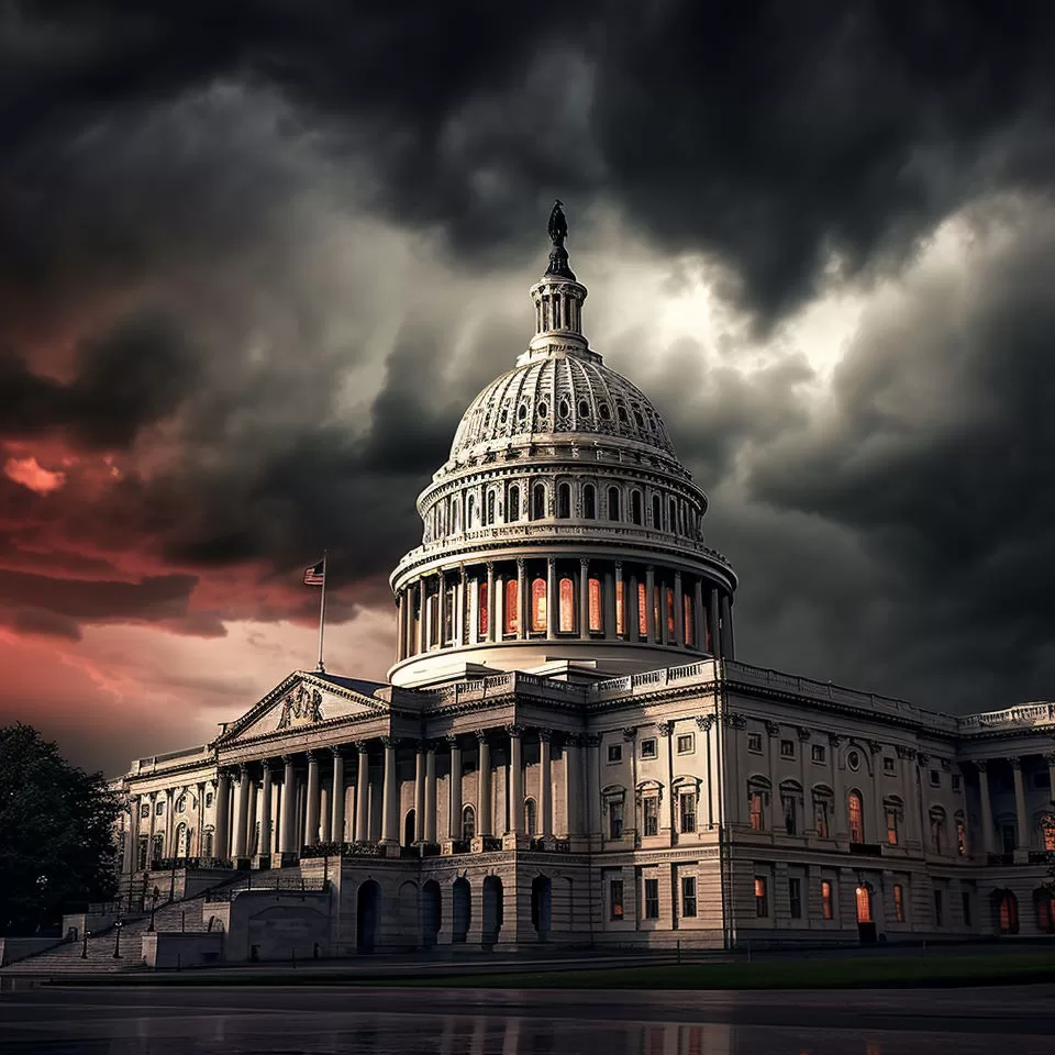 The US Capitol Building with ominous clouds behind.