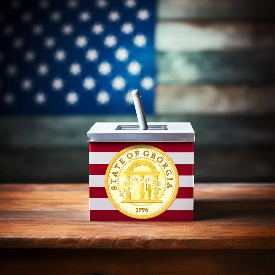 A ballot box with the seal of the State of Georgia.