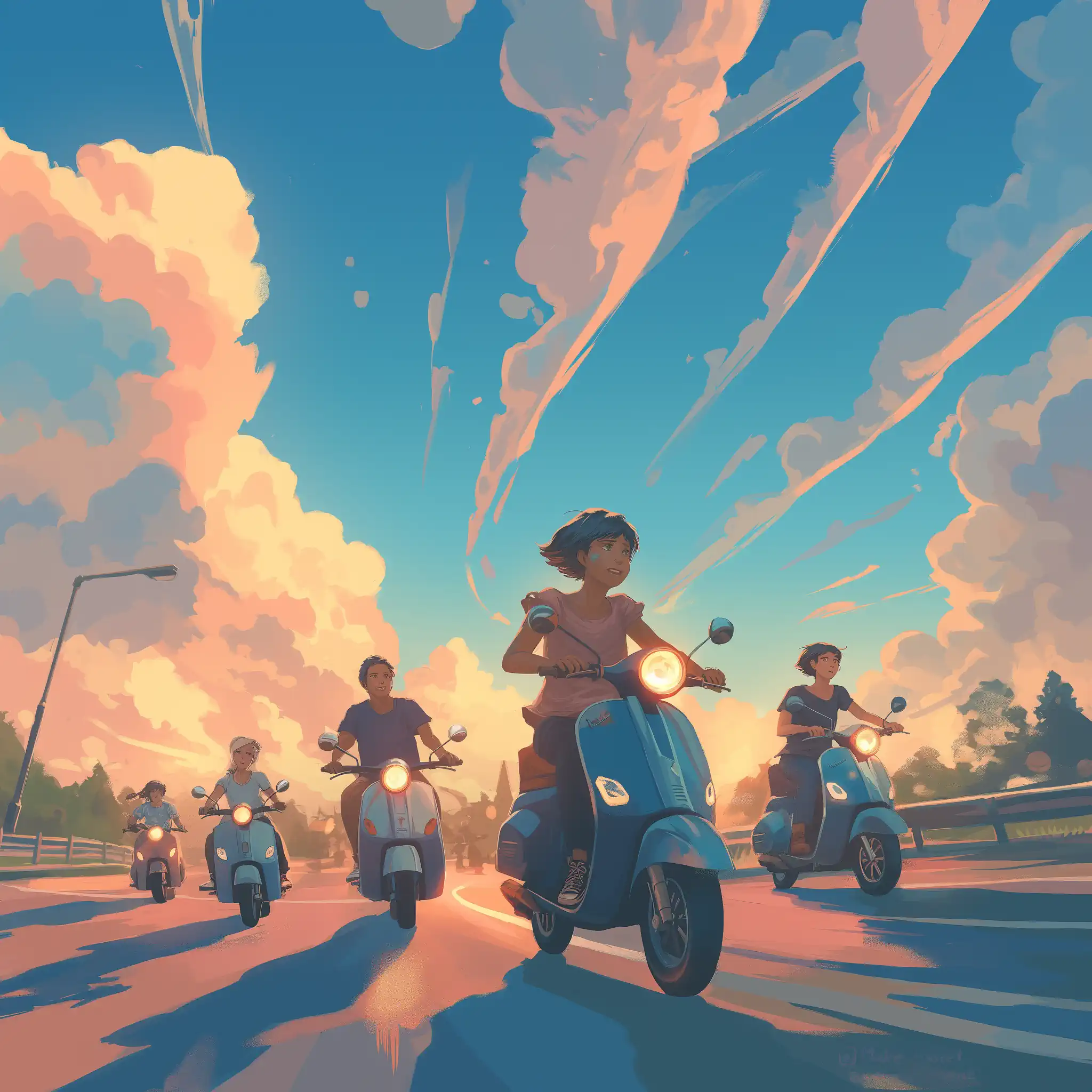 The AI has turned the poem into a group of friends with long shadows riding scooters at dusk.