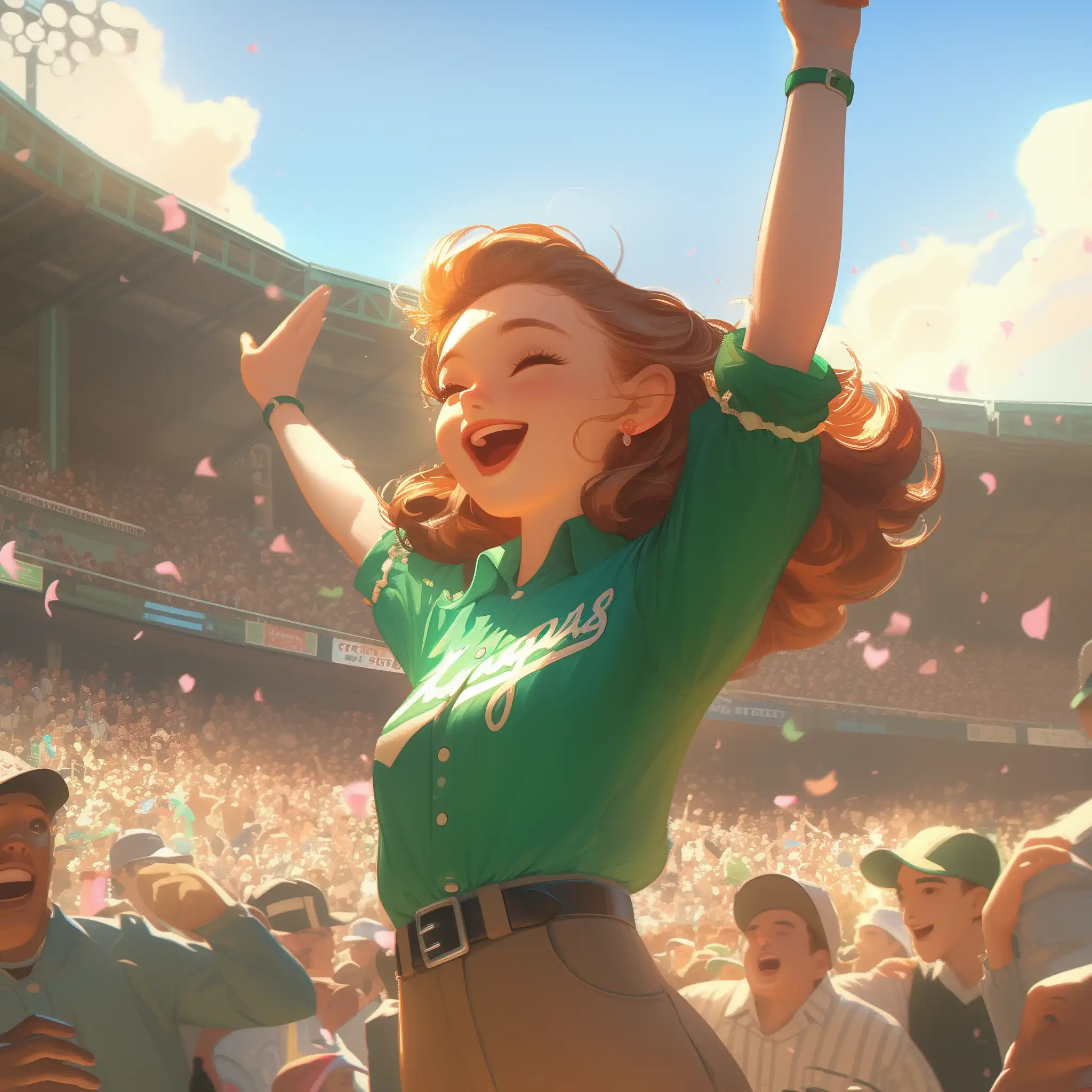 The AI has depicted Caroline as a redheaded young woman in baseball attire in a crowd of cheering stadium of fans. Rose petals rain from the sky. So good, so good, so good!