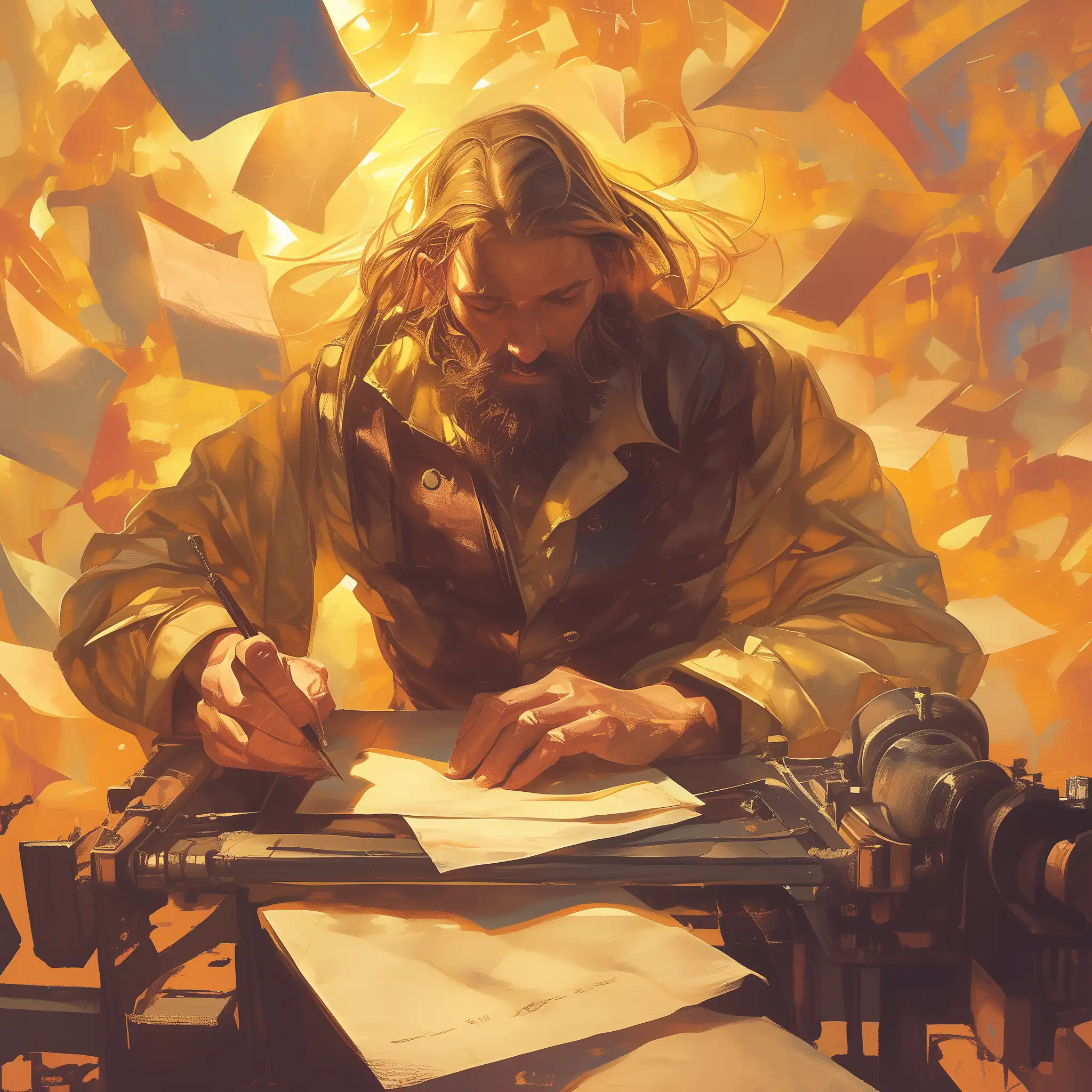 The AI has turned this poem into a rendering of Johannes Gutenberg as a bearded man at work on his printing press, writing with a pen (for some reason) as golden pages fly around behind him.