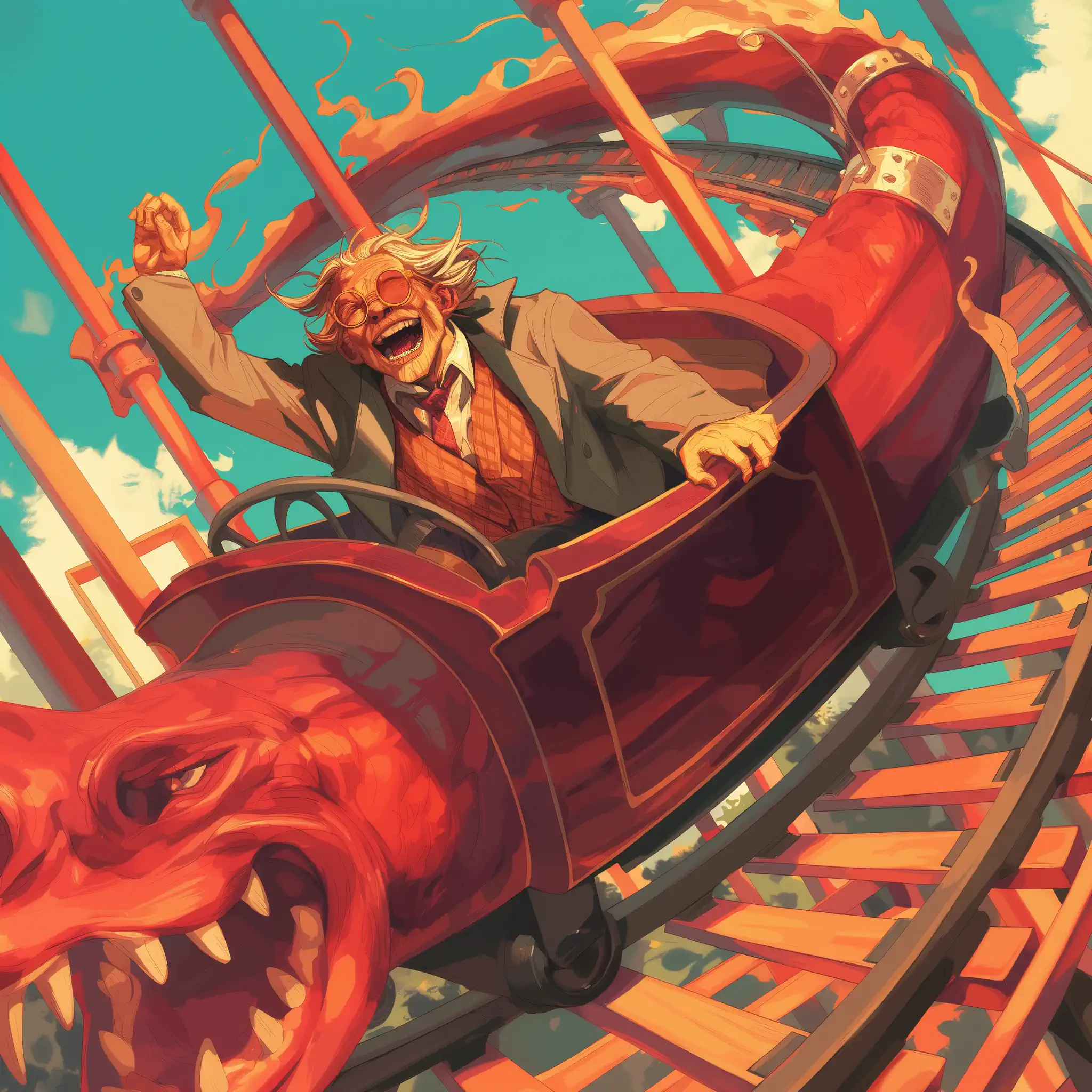 The AI has turned the poem into an older man riding a dragon-themed roller coaster, raising his arm in delight. The roller coaster is coming off the rails and is also on fire. What a ride!