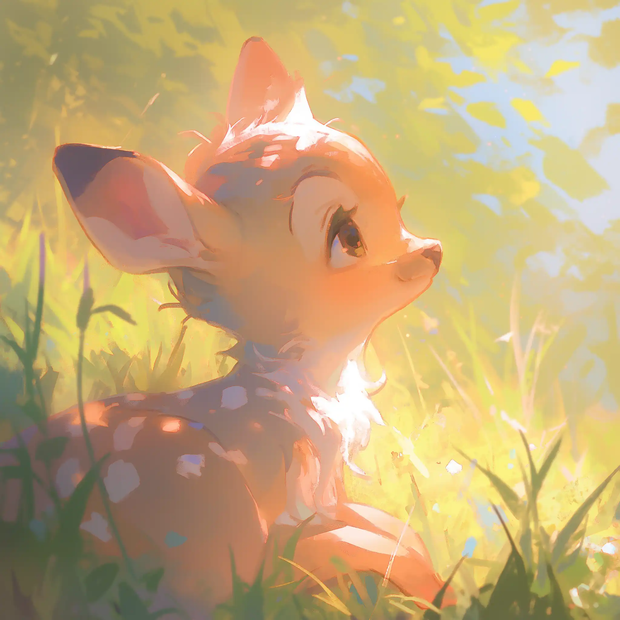 The AI rendered this poem as a baby deer sitting in the grass in dappled sunlight.