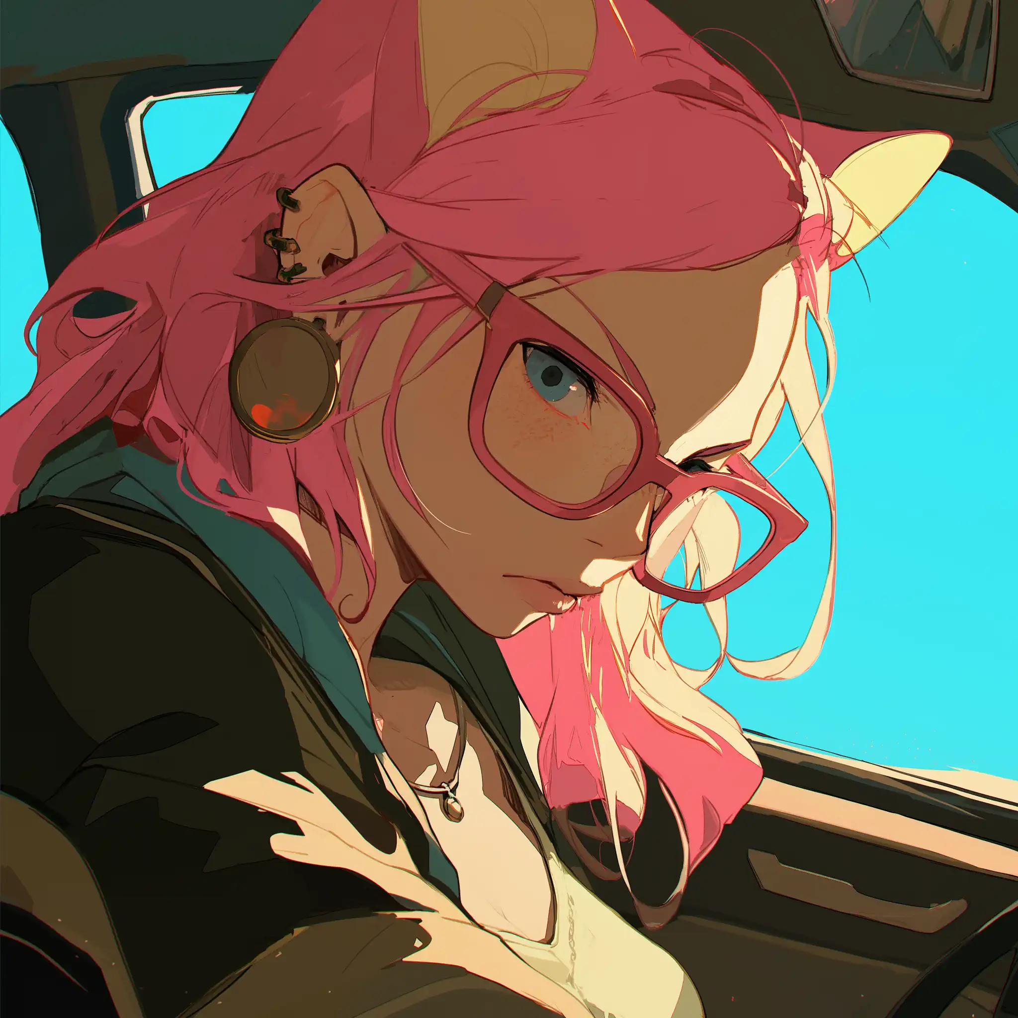 The AI rendered this poem as a woman with pink hair, red-framed glasses, cat ears, and also human ears, behind the wheel of a car. Outside the window is blue.