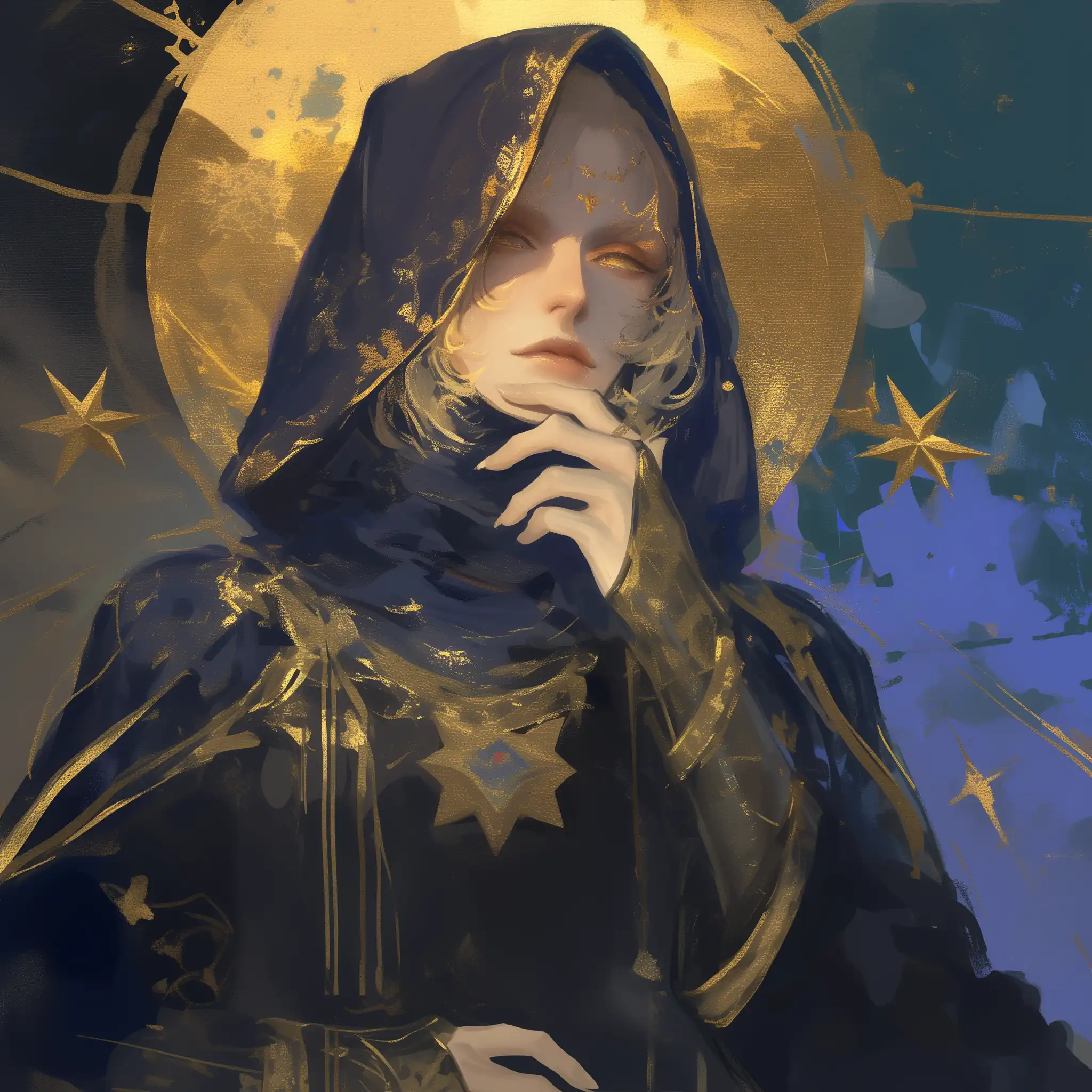 The AI rendered this poem as a woman in a hooded cloak of black with gold trim standing in front of a halo of golden sun and stars.