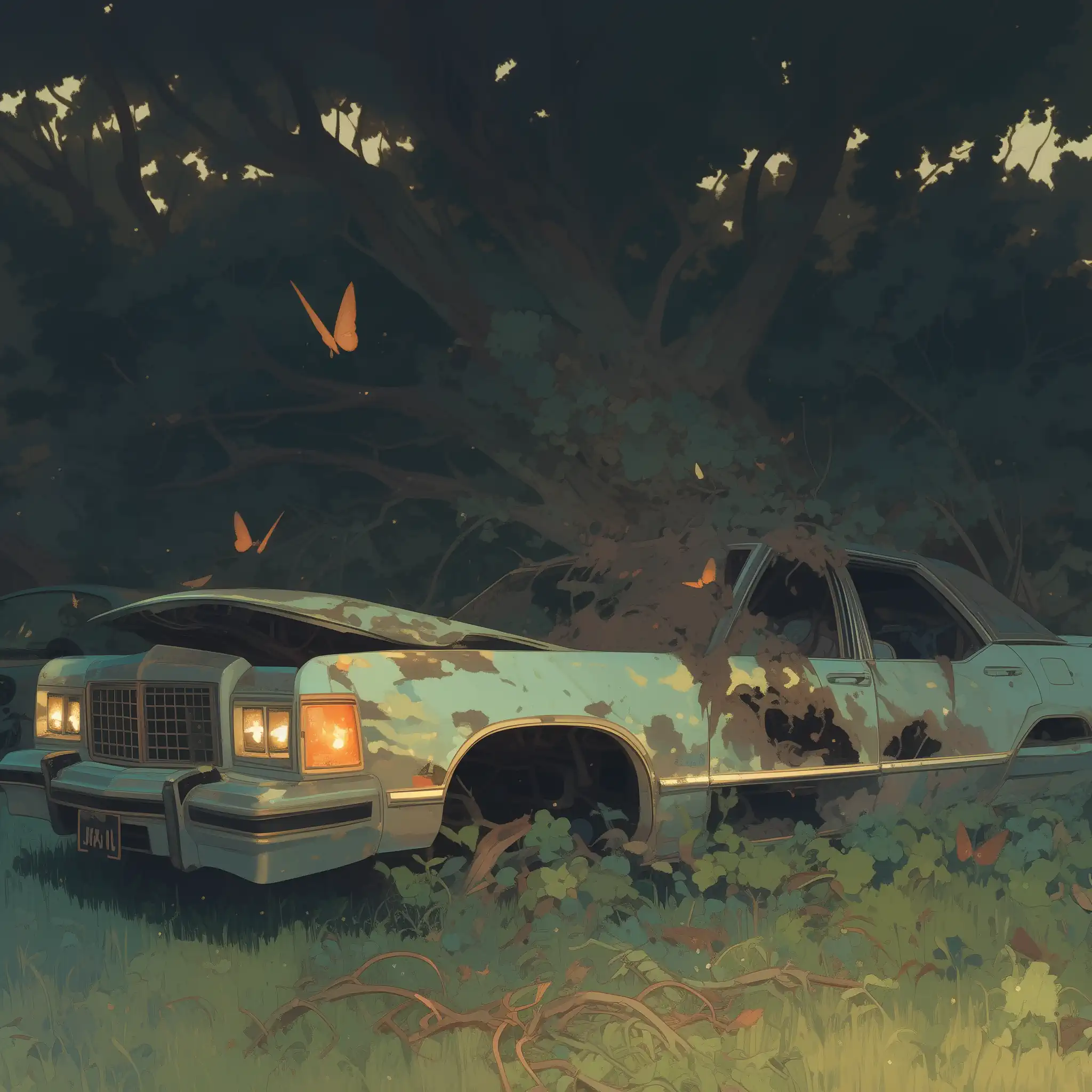 The AI rendered this poem as an old sedan rusting in the forest, surrounded by orange butterflies.