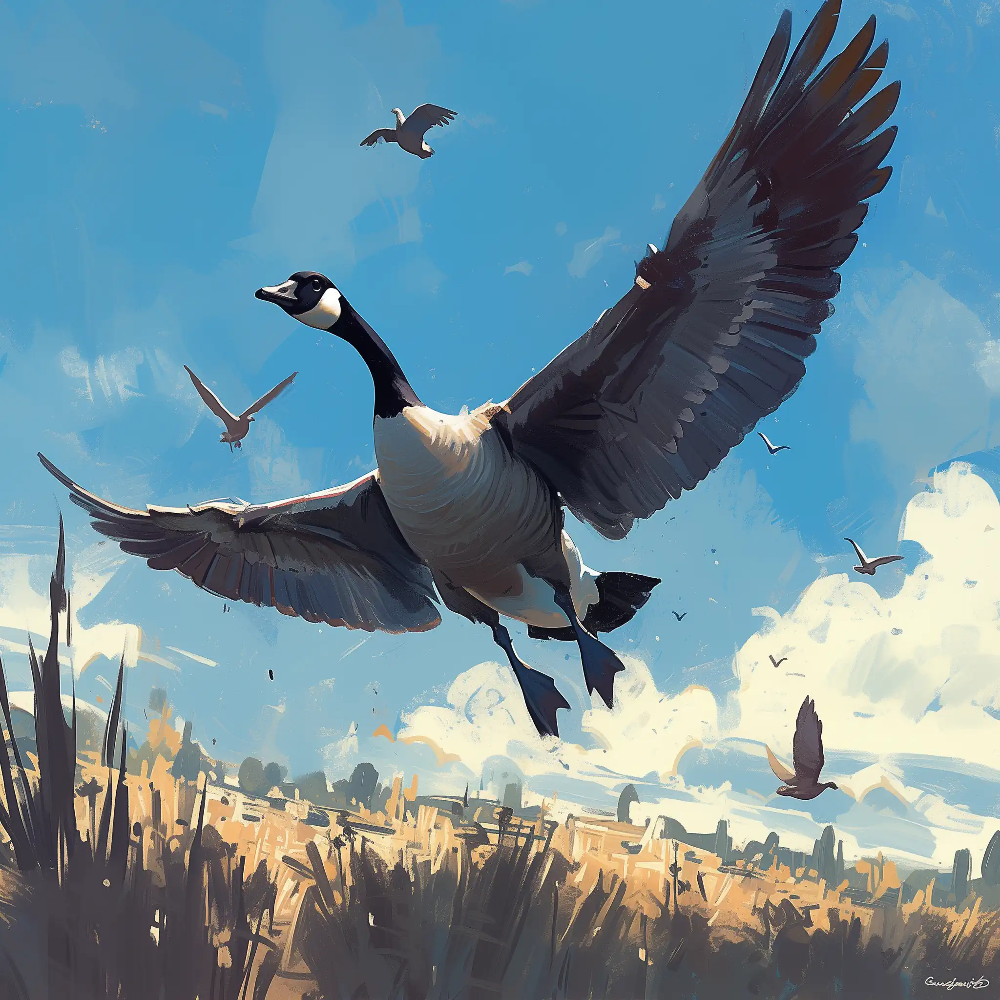 The AI rendered this poem as a Canada goose in flight over a forest with other geese flying in the background.