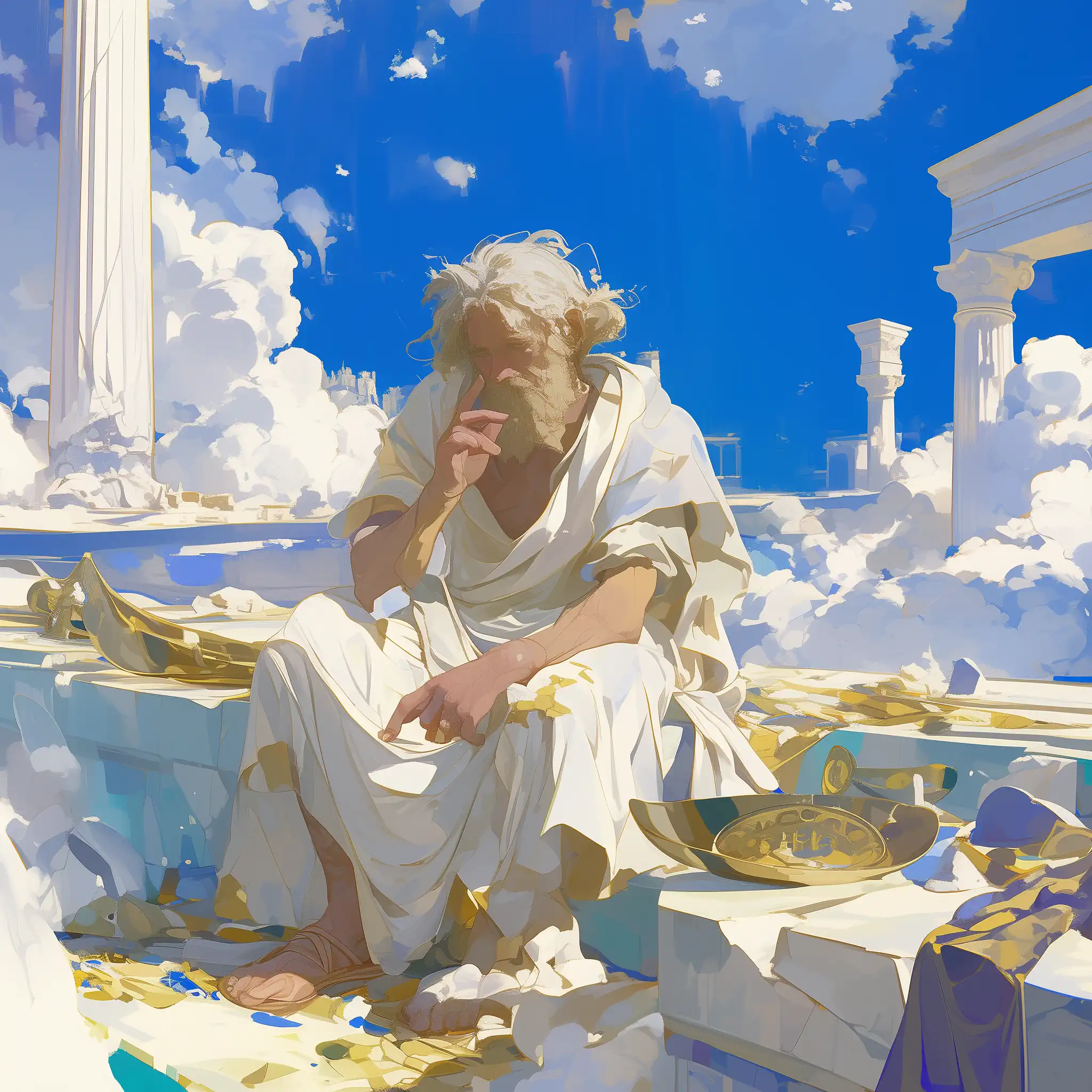 The AI rendered this poem as Archimedes in his robe and sandals, thinking hard about the golden objects with him in an environment of blue skies, clouds, and golden shapes.