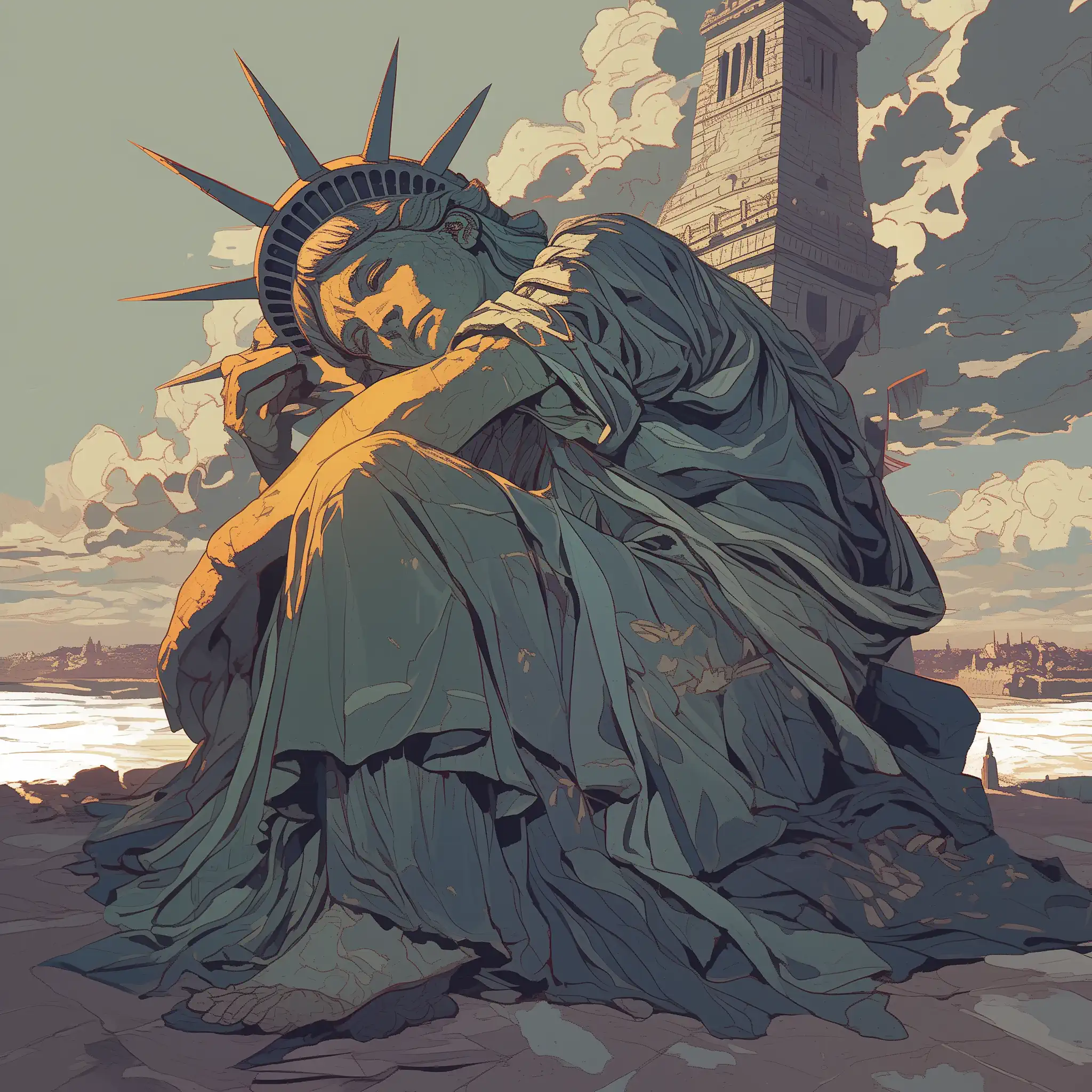 The AI rendered this poem as the Statue of Liberty, off her pedestal, in a crumpled position, looking sad.