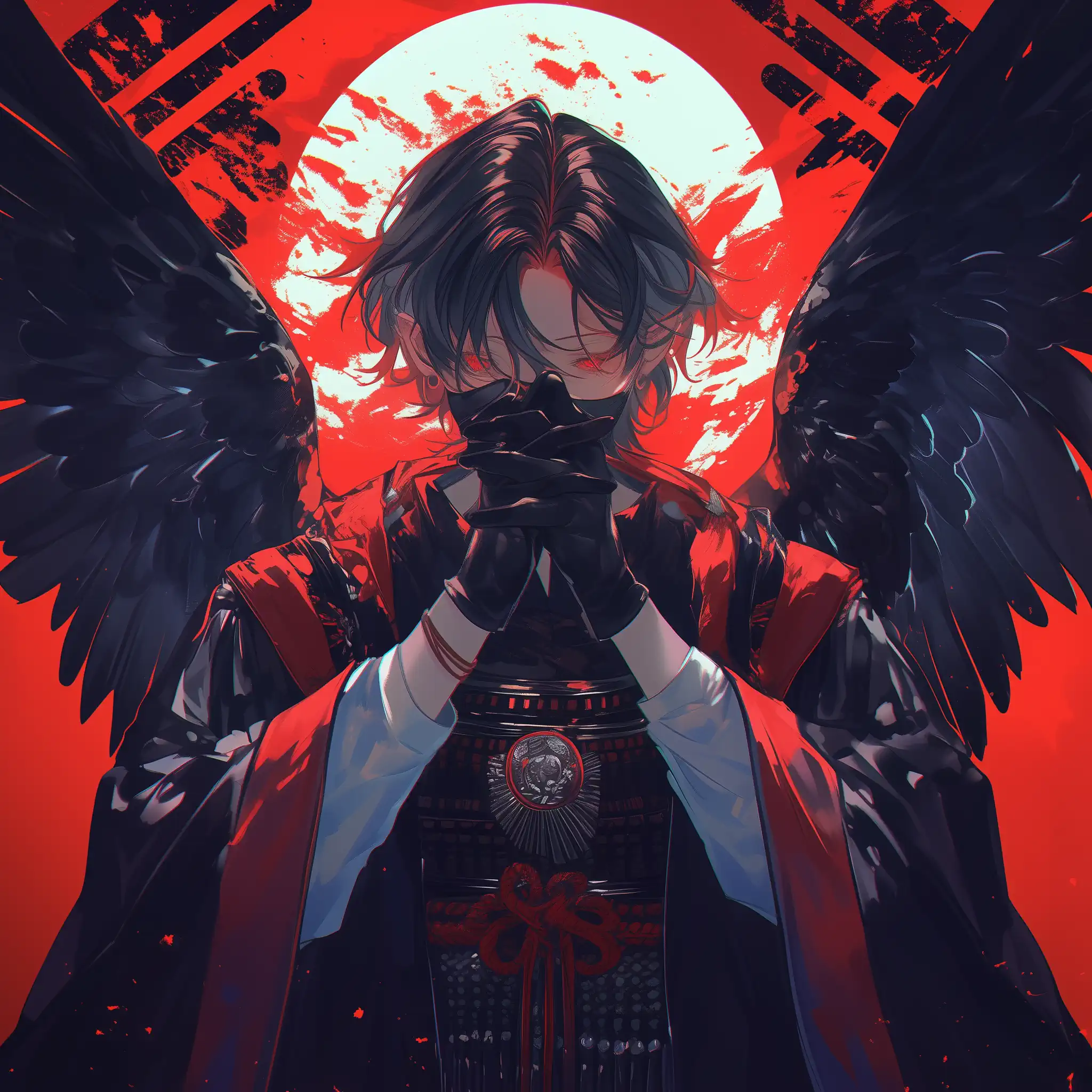 The AI rendered this image as a figure with black wings, red eyes, and pointed ears, wearing ceremonial robes and clasping gloved hands in front of their face.