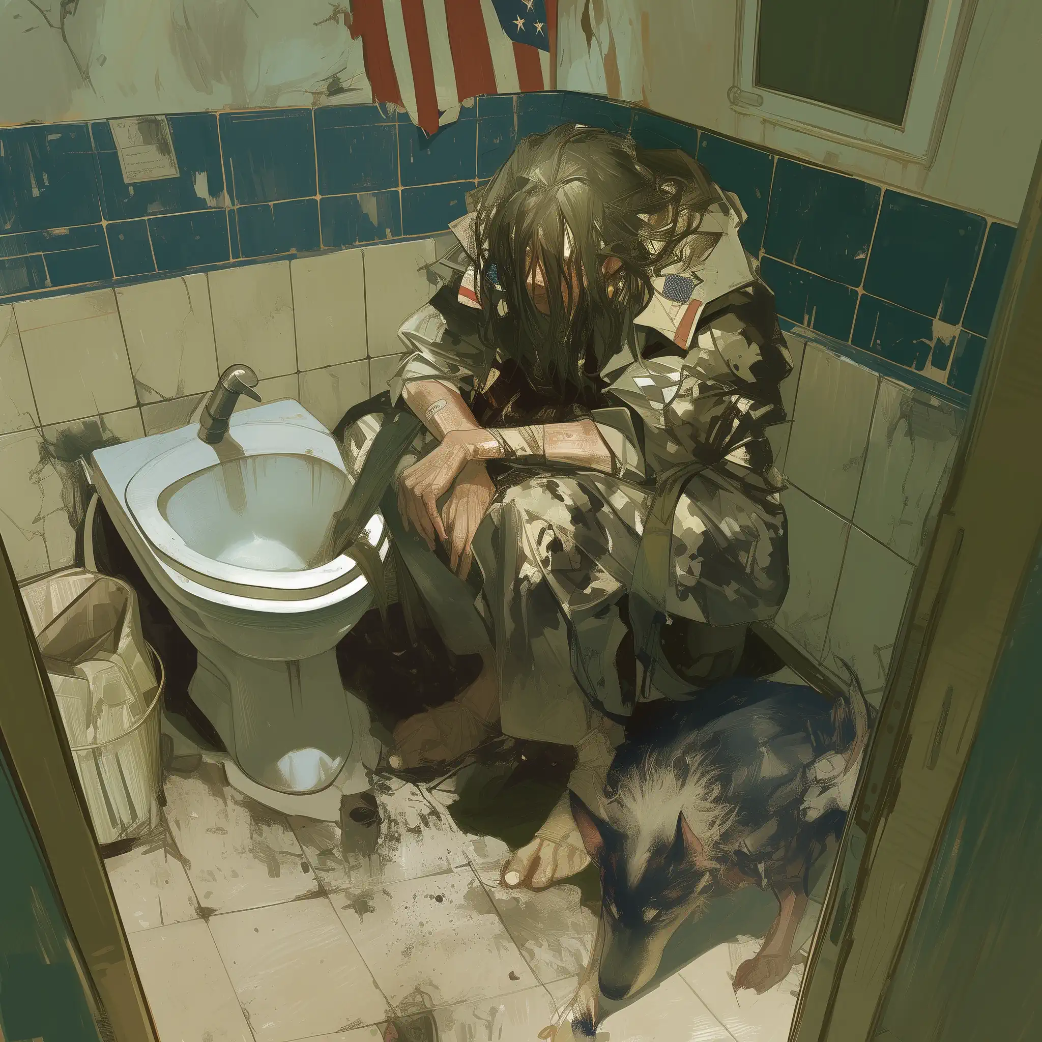 The AI rendered this poem as a drenched long-haired man in camo gear curled into a fetal pose under a shredded American flag in a tiled cubicle with a prison-style toilet.