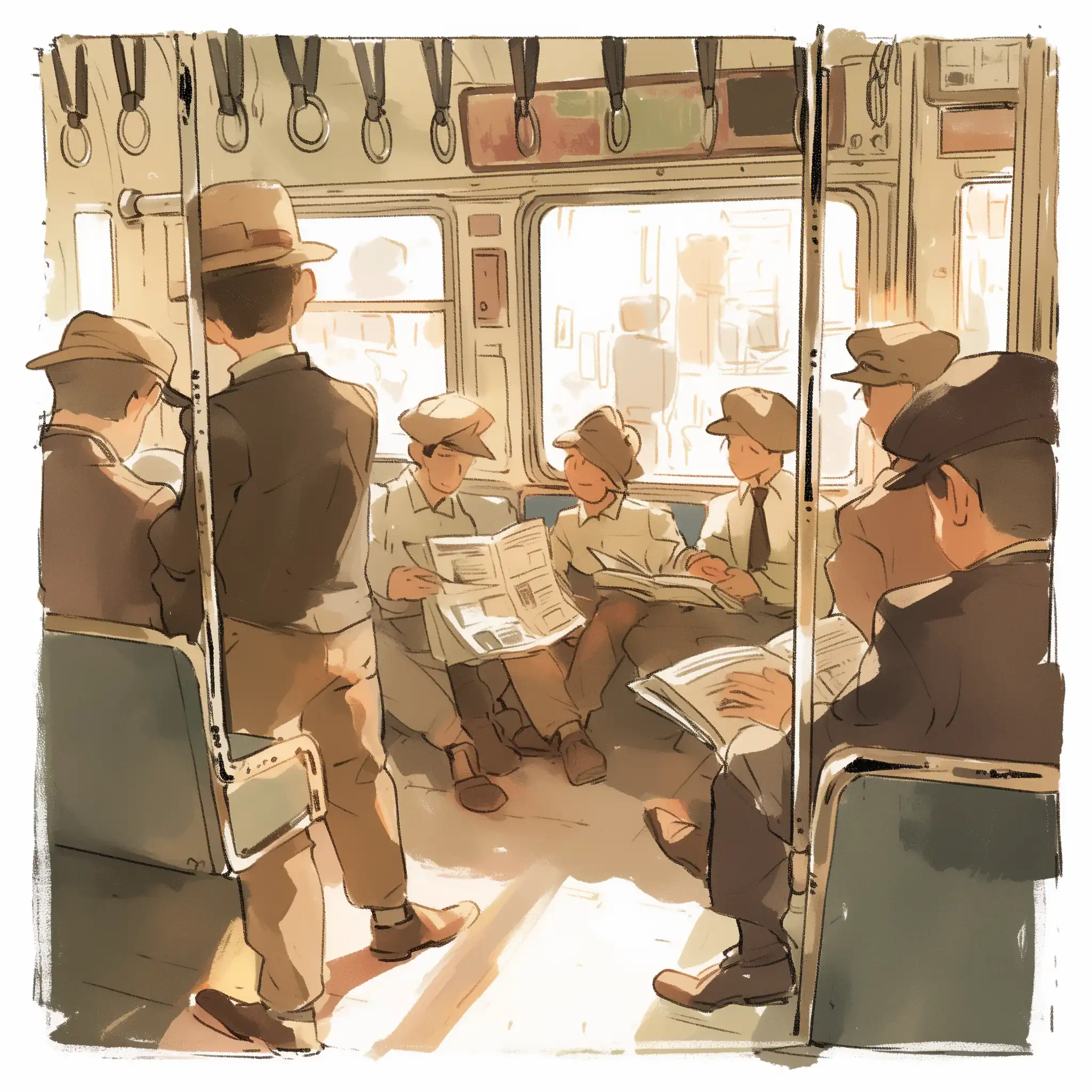 The AI rendered this poem as a group of newsies riding public transportation while reading the newspapers they seem to have purchased from each other. A very strange scenario.